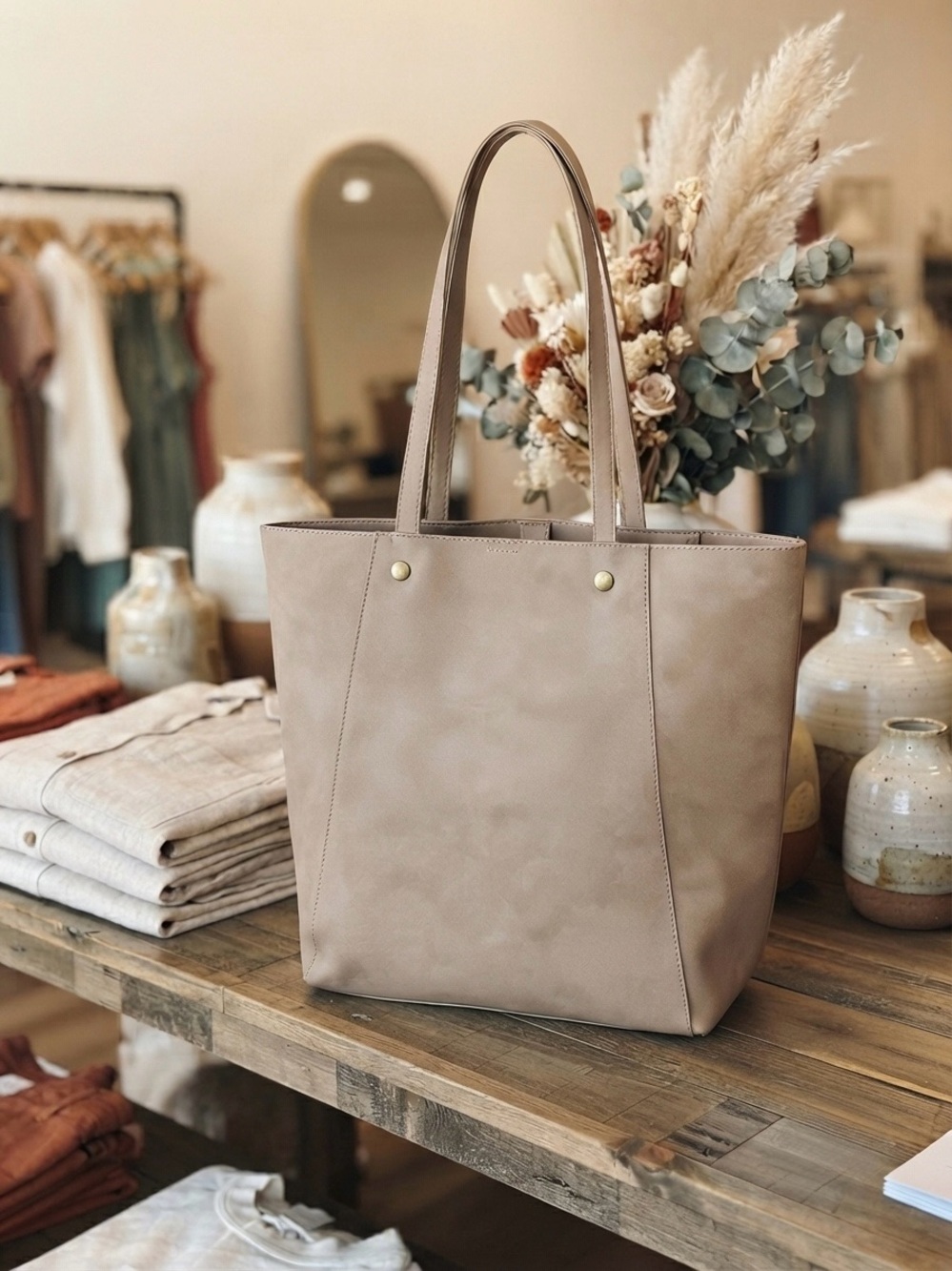 Universal Thread Taupe Faux Leather Tote Bag Shoulder Handbag Tan Neutral
